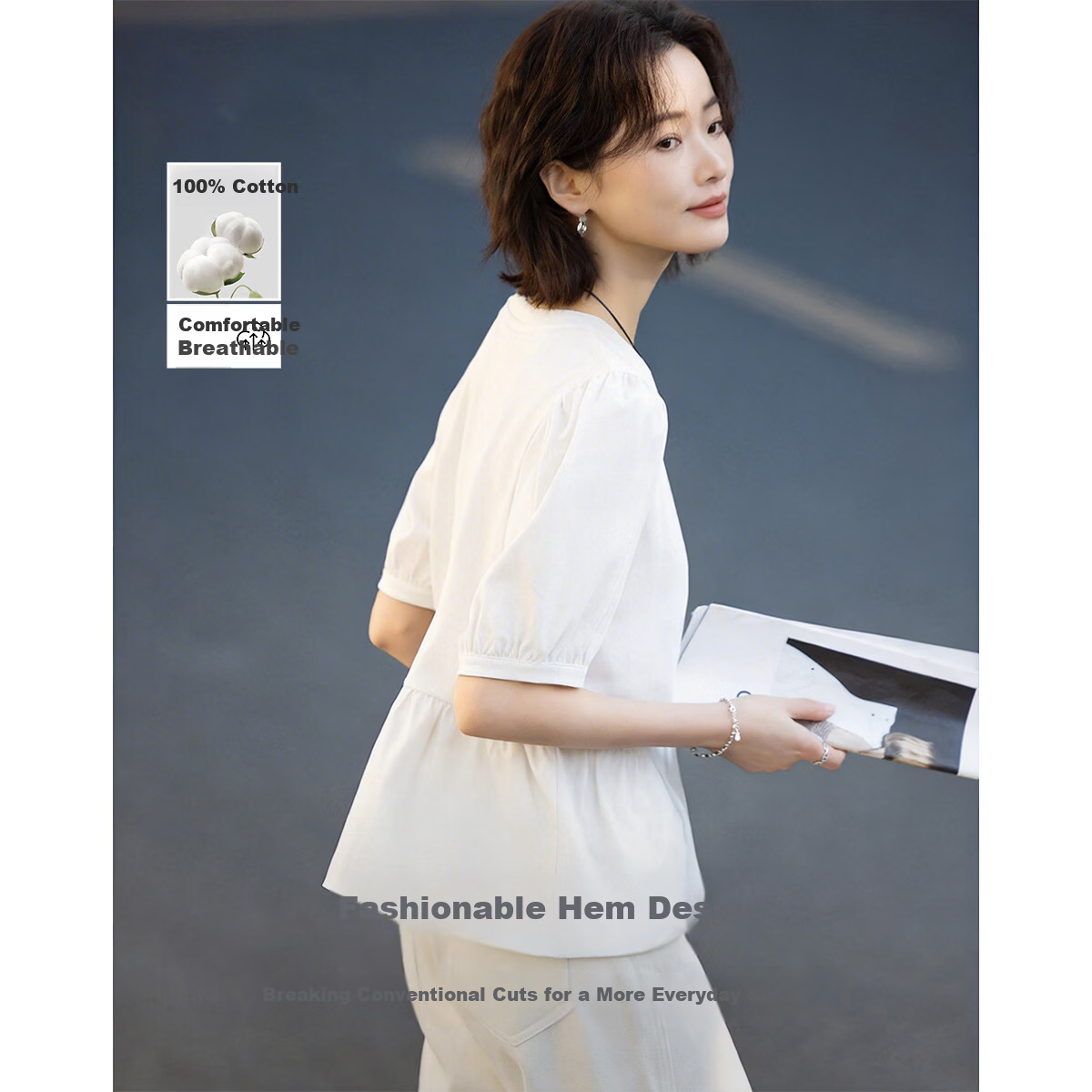 Demana [Oxygen Pure Cotton] Summer Lazy Style Round Neck Puff Sleeve Hem Splicing Loose Slim T-Shirt for Women Premium Feel