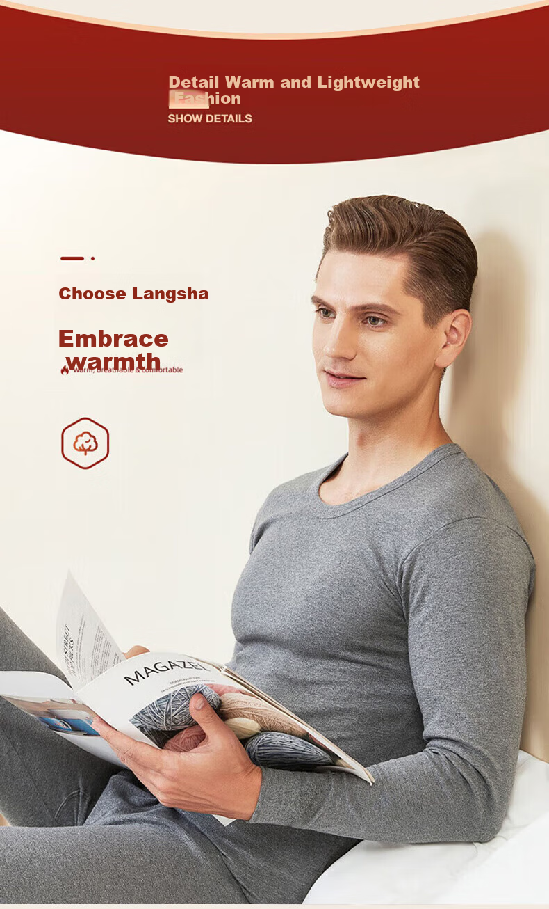 LangSha Men's Thin Modal Round Neck Thermal Underwear Set Autumn Base Layer Cotton Warm Pajamas 9