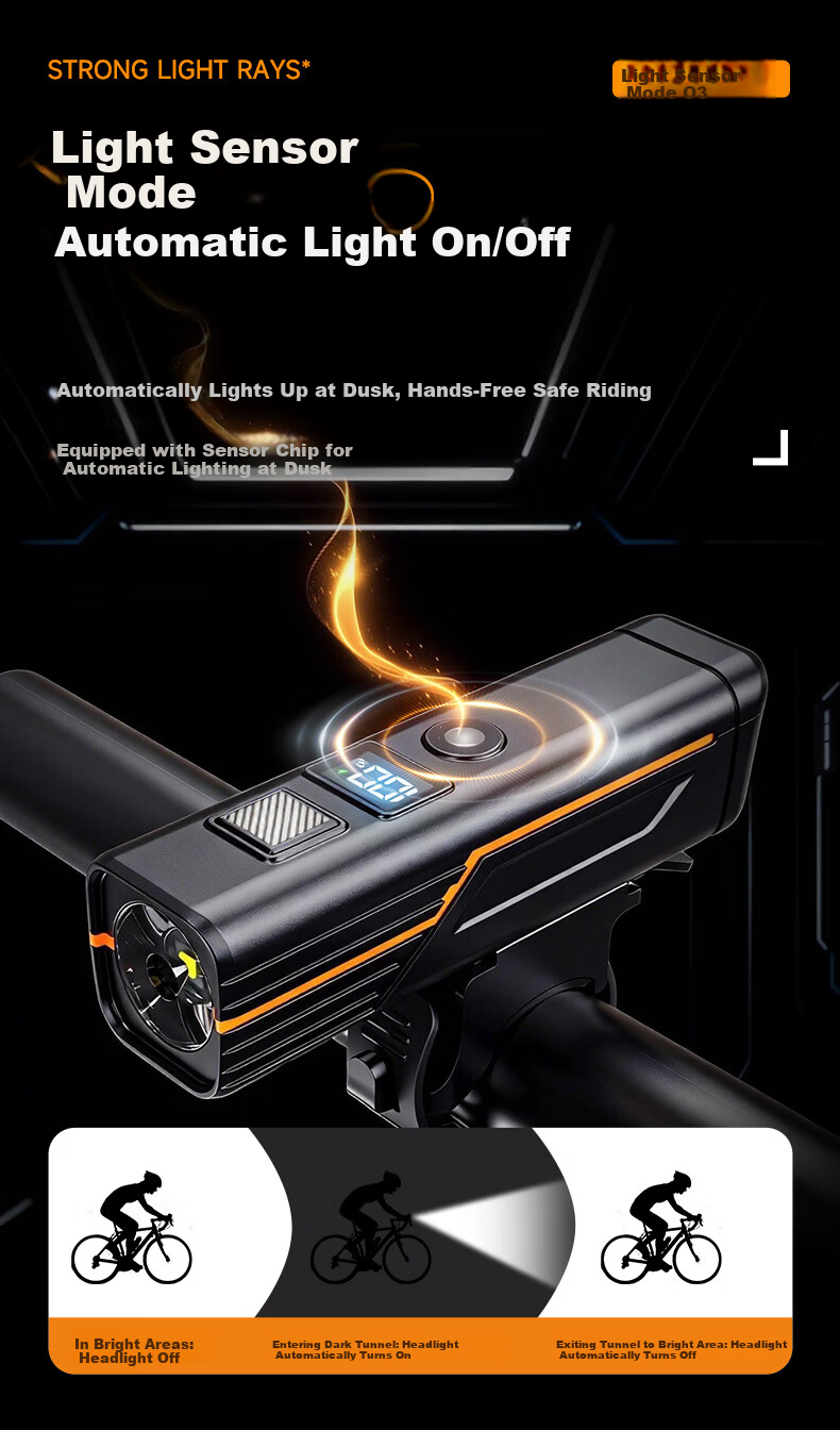 Huangchi Bicycle Light Smart Digital Display Front Light Mountain Road Bike Night Riding USB Rechargeable Kids Cycling Gear 8