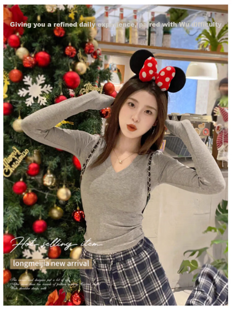 Baleno V-Neck Slim Fit Pleated Long Sleeve T-Shirt for Women 2026 Autumn Winter New Soft Comfortable Brushed Warm Base Layer 1