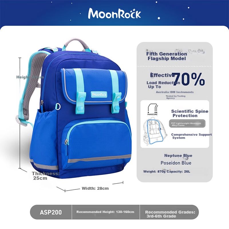 MoonRock PCT Flagship Model Primary School Children's Backpack Large Capacity Bag for Grades 3-6 Poseidon Blue
