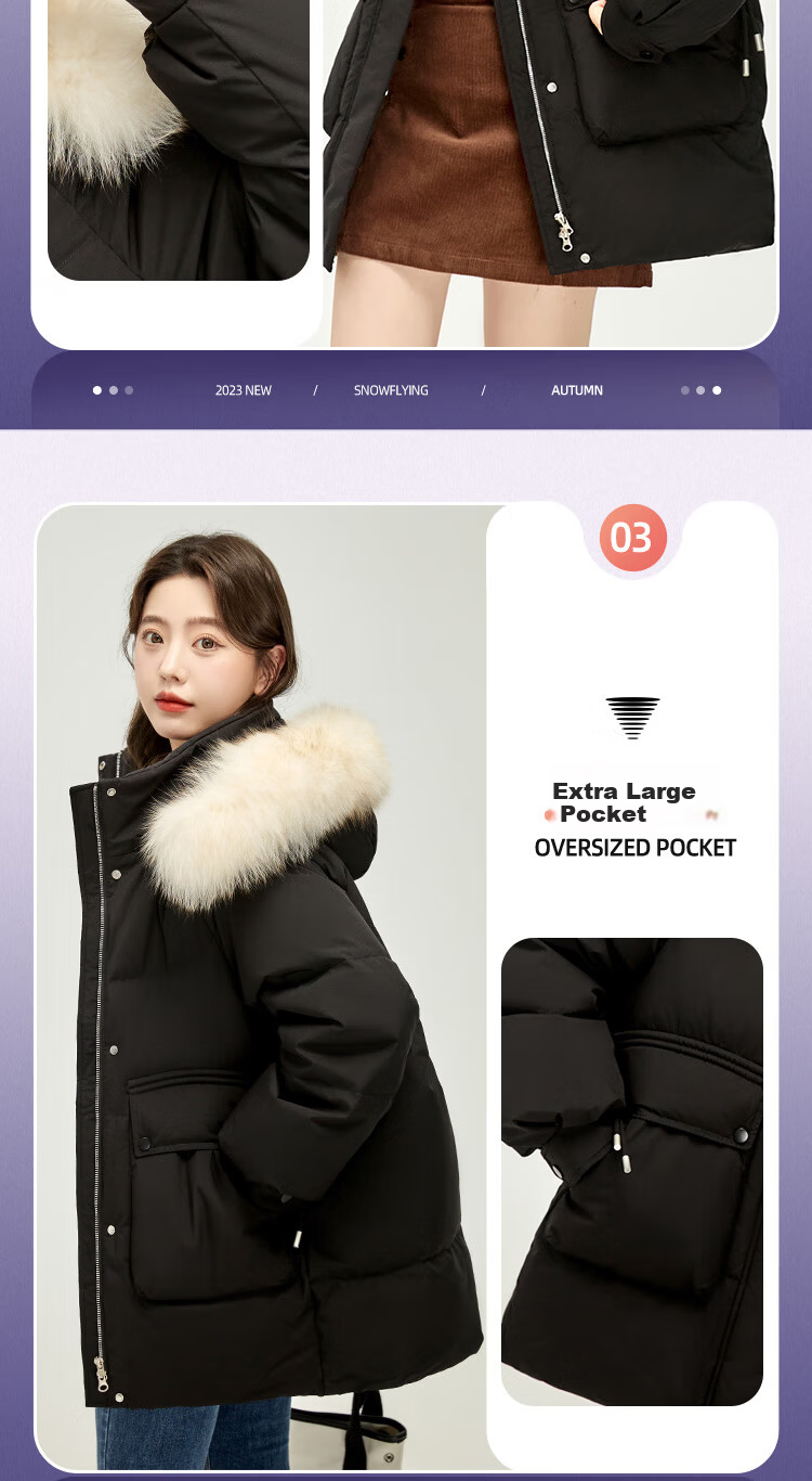 SNOWFLYING Women's Mid-Length Hooded Down Jacket with Fashionable Large Fur Collar, Casual Versatile Thickened Warm Cold-Resistant Down Coat 6