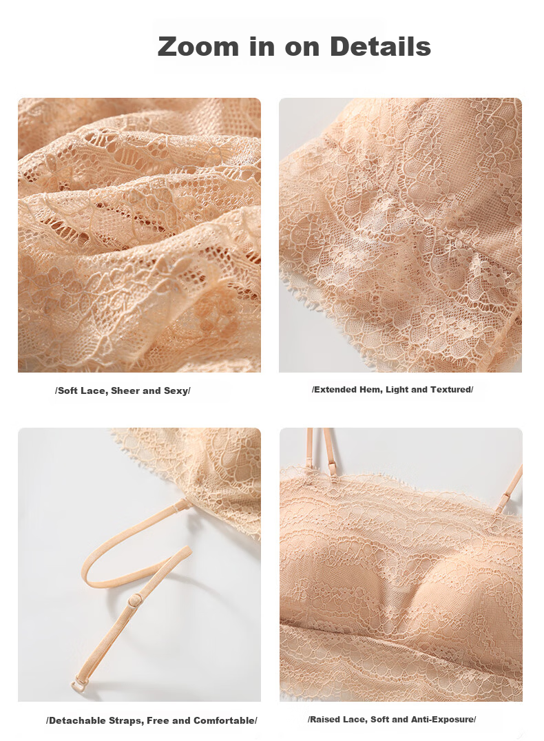 Manifen Sexy Lace Strapless Bra Thin Anti-Exposure Backless Mini Mango Cup Skin-Friendly Removable Strap Bra Camisole 9