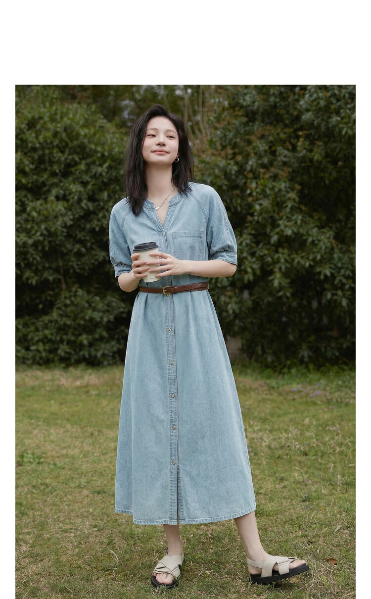 Demana [Denim Cloud Cotton] Spring V-Neck Belted Topstitch Loose Petite Women's Denim Dress 11
