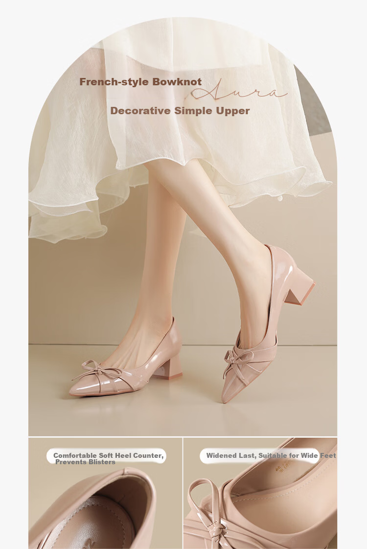 ZHR Women's Shoes 2026 New Thick High Heel Single Shoes French Style Butterfly Shallow Leather Comfortable Shoes Nude Pink Size 39 3