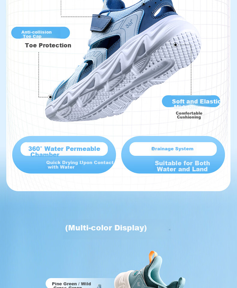 361° Kids Sports Shoes Summer 26 Boys and Girls Soft Cushioned Breathable Outdoor Creek Sandals Blue Size 38 3