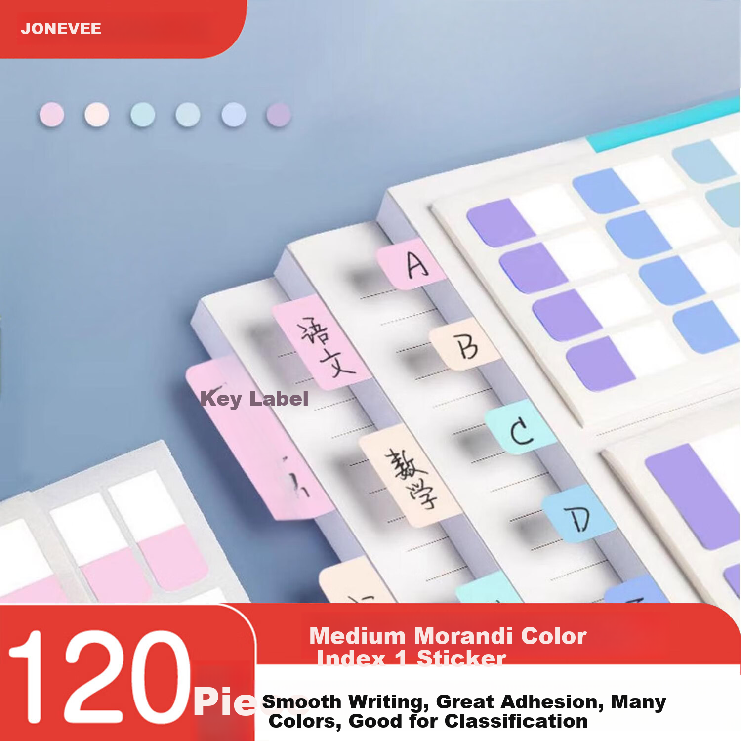 JONEVEE Morandi Index Sticky Notes 6 Colors Medium Size 120pcs Transparent Writable Labels for Home Organization and Note Taking (Minimum Order 2 Packs)
