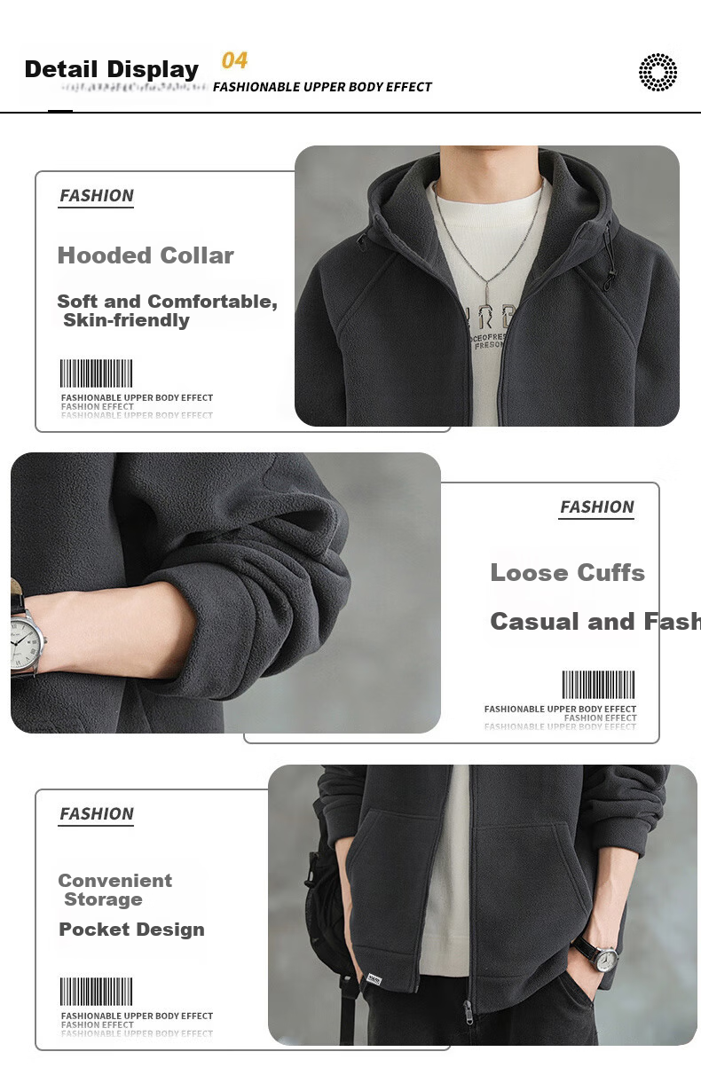 Mark Fairwhale Men's Hoodie Autumn Winter Fleece-Lined Zip-Up Jacket Loose Warm Casual Top Gray Fleece 2XL 4