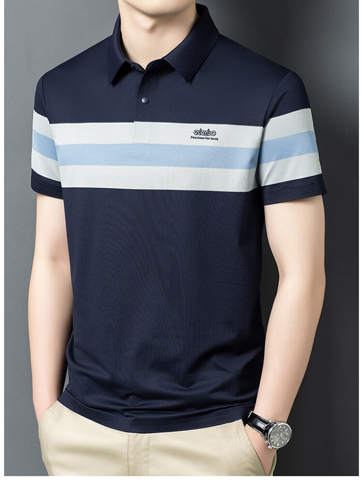 Edenbo Men's Short Sleeve Polo Shirt Spring Summer Four-Way Stretch Classic Striped Top Navy Blue 170/88A (L) 13