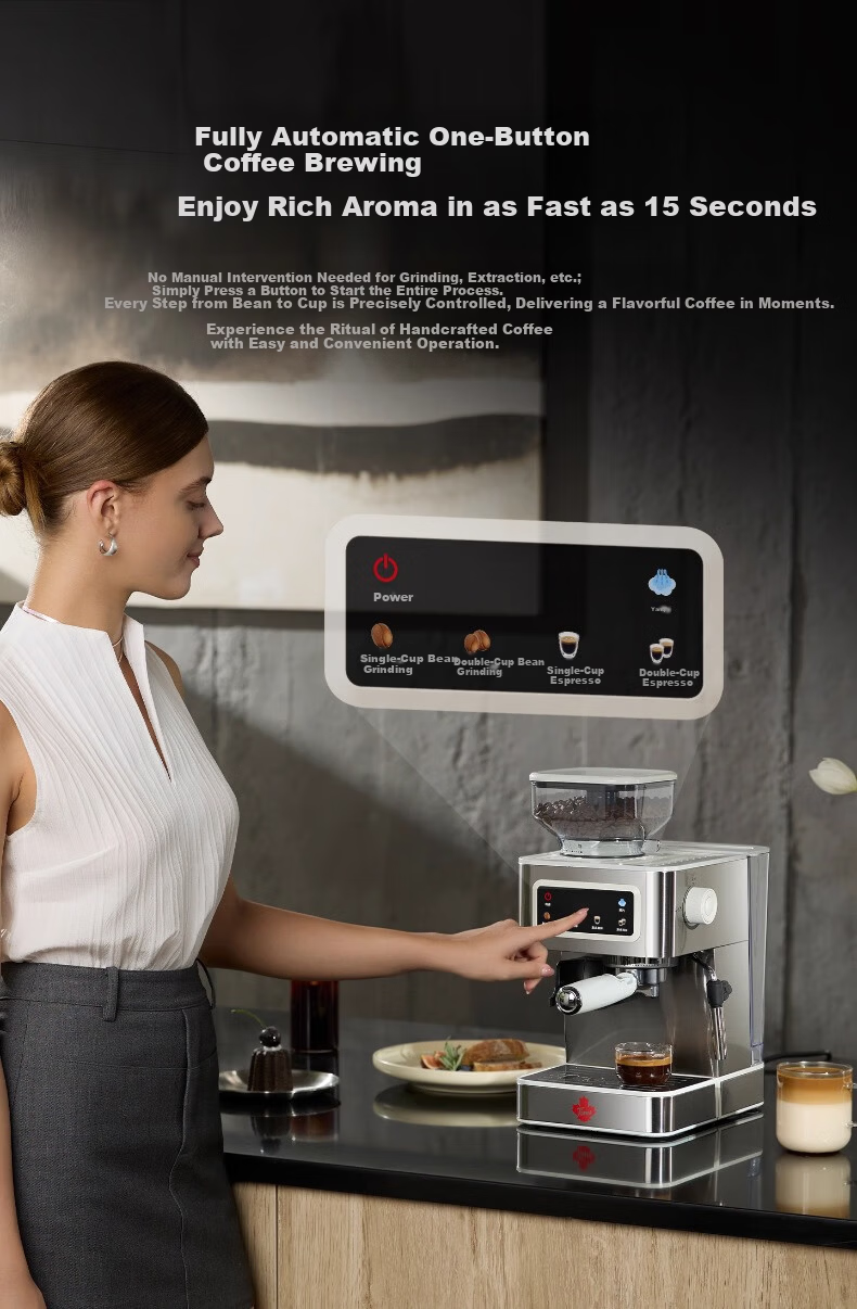 Tim Hortons Tims T5 Fully/ Semi-Automatic Italian Home Coffee Machine Grinder Integrated Cold Brew Version One-Touch Milk Frother Detachable Burr Silver 15