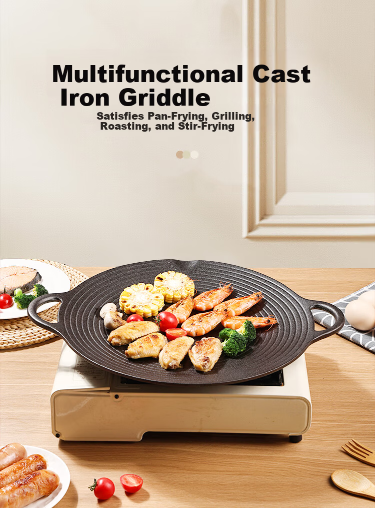 Jincun Cast Iron BBQ Grill Pan Flat Frying Pan No Coating Steak Egg Teppanyaki 35cm for Outdoor Gas Stove 1