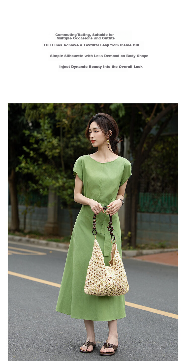 Demana Minimalist Urban Summer Comfortable Cotton-Blend Stretch Round Neck Waist-Slimming Petite Dress for Women High-End Feel 3