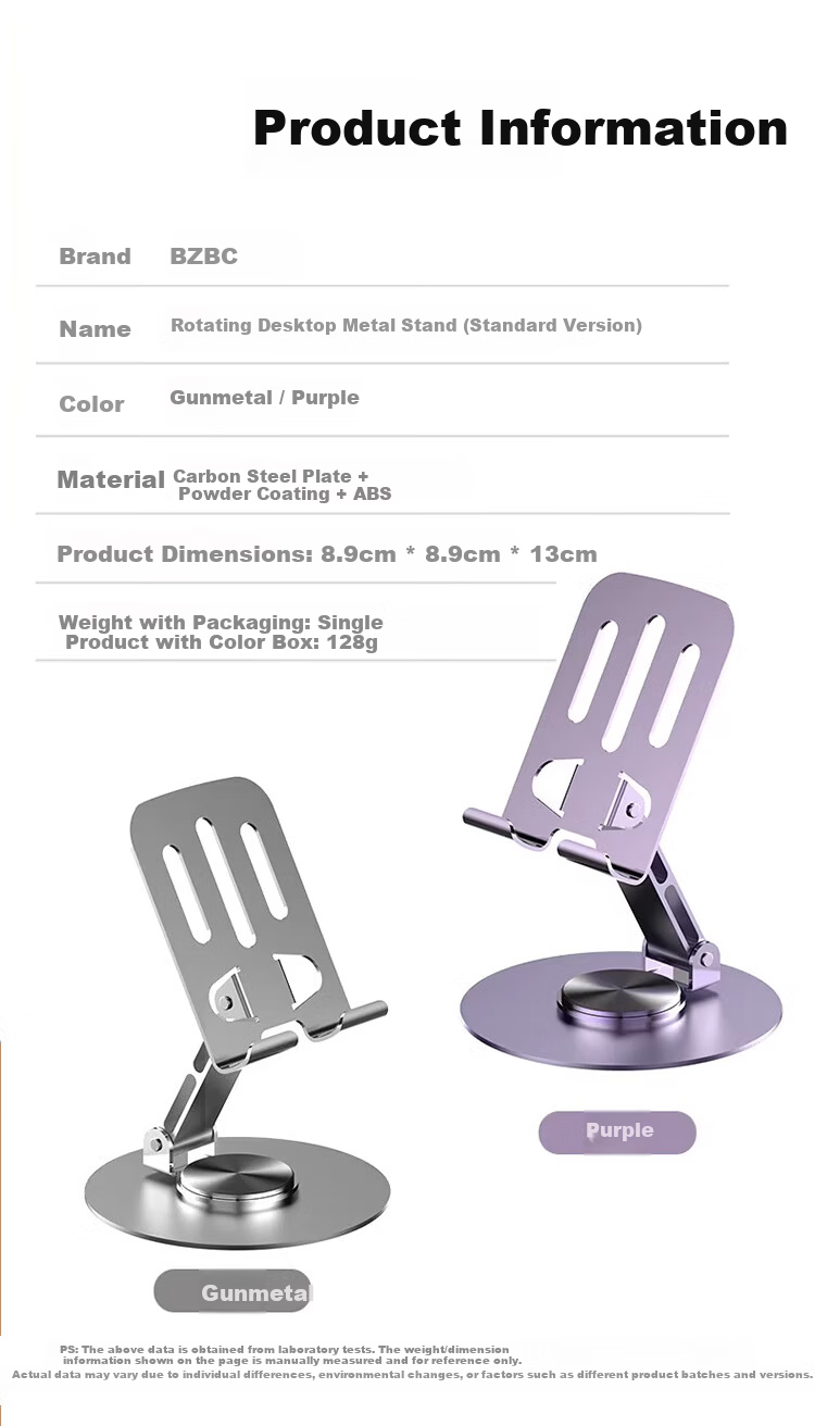 BZBC Upgraded Carbon Steel Desktop Phone Stand Full Metal 360° Rotatable Foldable iPad Tablet Stand Portable Bedside Lazy Live Streaming Online Class Study Watching Series 10