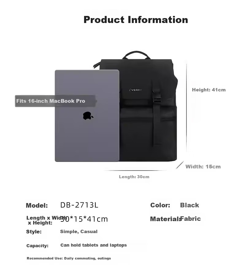 Diplomat Fashion Casual Backpack Business Large Capacity Laptop Bag DB-2713L Black 12