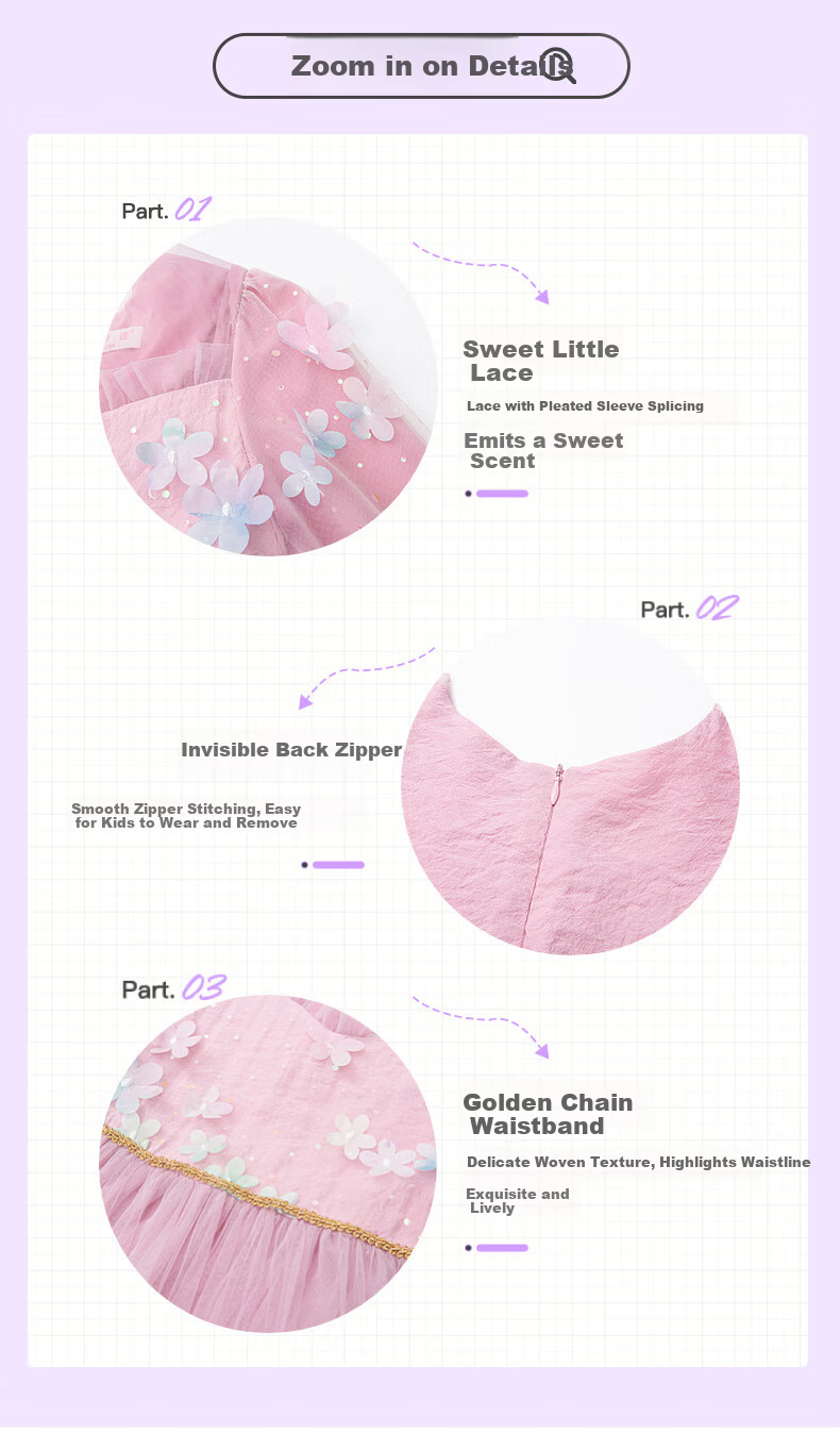 Fulomi Girls' Dress Spring New Sweet Stylish Mesh Dress Baby First Birthday Dress Lotus Pink 130cm 5