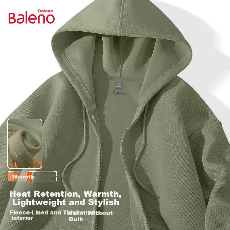 Baleno Men's Fleece-Lined Thickened Hoodie Jacket Autumn Winter Solid Color Casual Sweatshirt