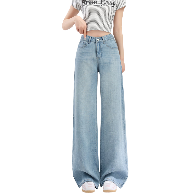 Jeanswest Women's Summer Soft Tencel High-Waist Draped Lyocell Wide-Leg Straight-Leg Light Blue Tencel Lyocell S Jeans