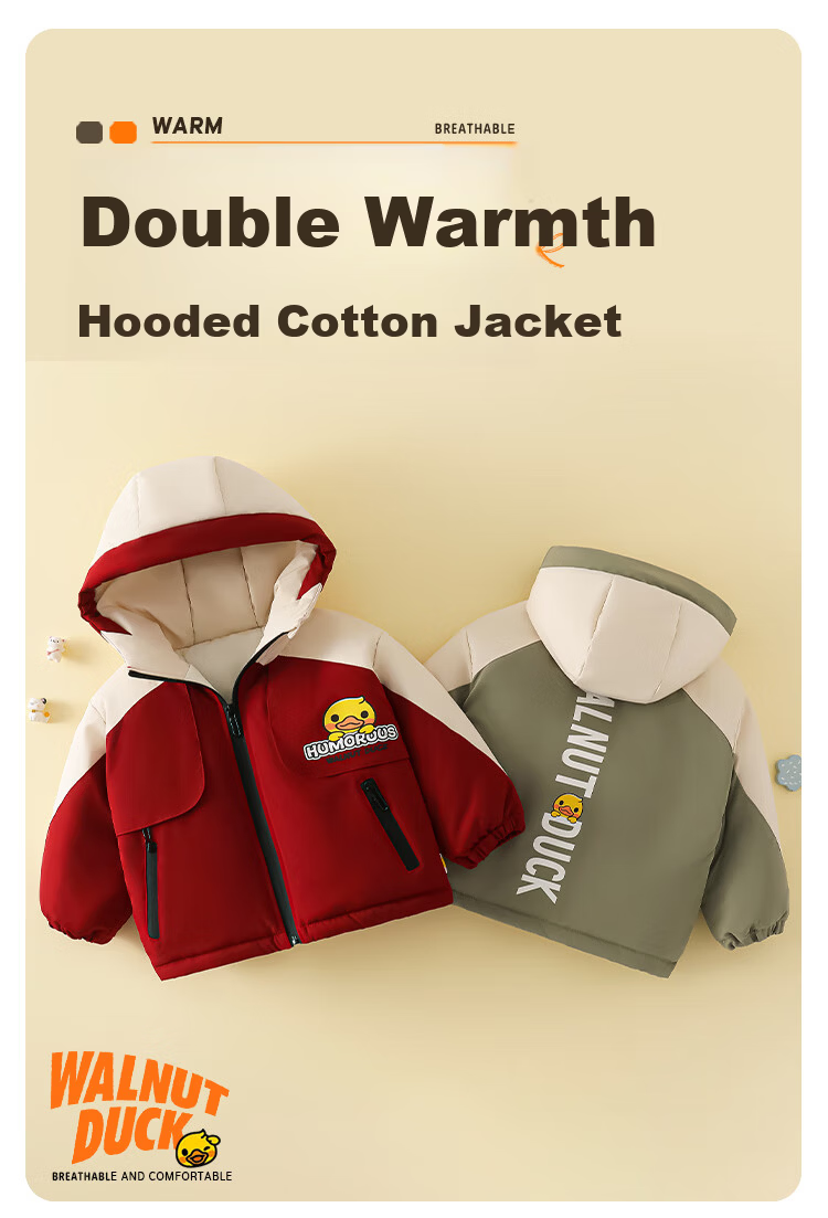 WALNUT DUCK Red Cotton Padded Jacket Little Yellow Duck Winter Hooded Fleece Lined Coat for Boys and Girls Dark Red 130 2