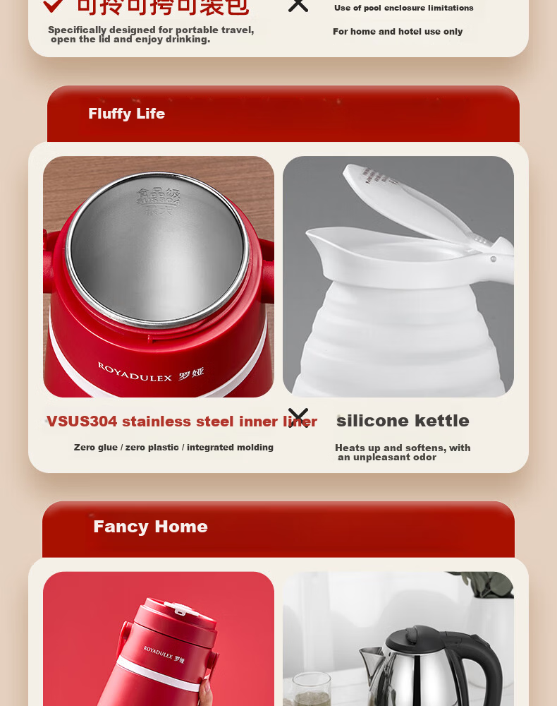 ROYALTY LINE Portable Electric Kettle Travel Hotel Electric Water Boiler Thermostatic Outdoor Insulated Health Electric Stew Cup 600ml Victory Red 3