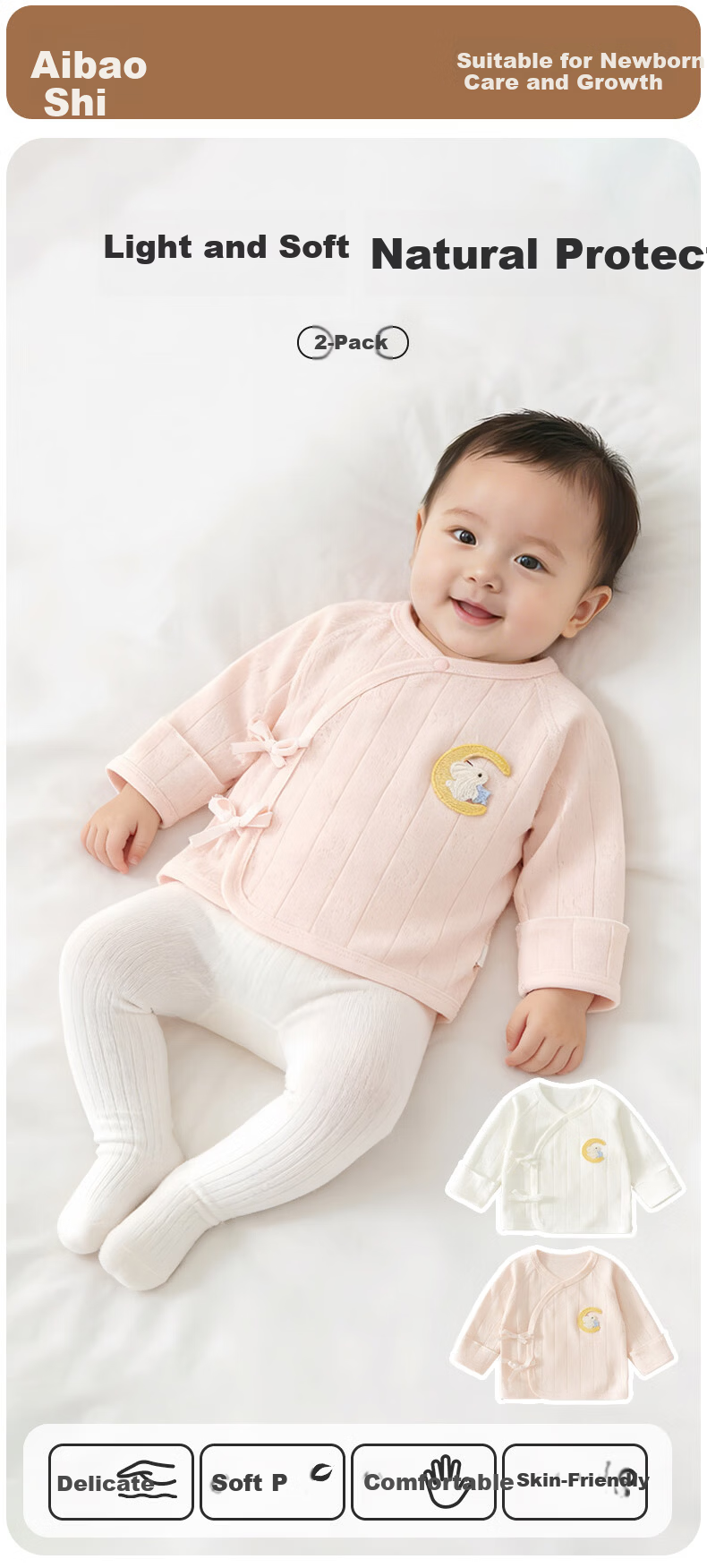 Aibaoshi Baby Clothes Spring And Autumn Pure Cotton Newborn Half-Back Shirt, Infant Monk Outfit 2-Piece Set White + Pink Size 52 T193 13