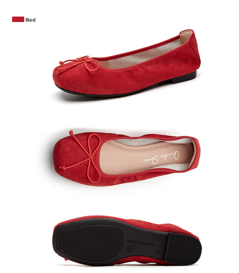 Quicheshoes Women's Ballet Flats Pig Nose Suede Low-Cut Flat Shoes Spring Autumn Soft Sole Slip-On Red Size 35 23