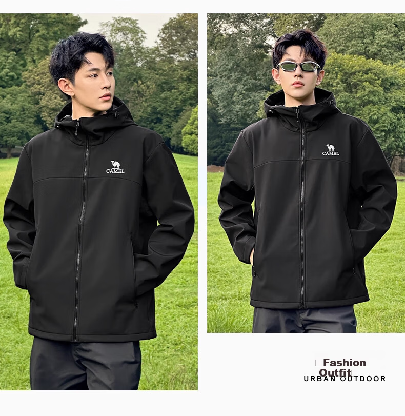 CAMEL Outdoor Softshell Jacket Women 2025 New Spring Autumn Fleece Windproof Hooded Warm Jacket Men G177 2