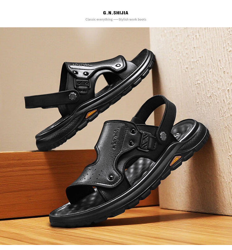 Bull Family Men's Leather Sandals Summer New Thick Sole Durable Genuine Leather Beach Shoes Breathable Versatile Two-Way Slippers 19