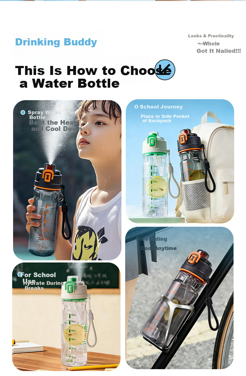 Cica Spray Sports Water Bottle for Children Students 6-12 Years Old Summer Large Capacity Tritan Cup 2
