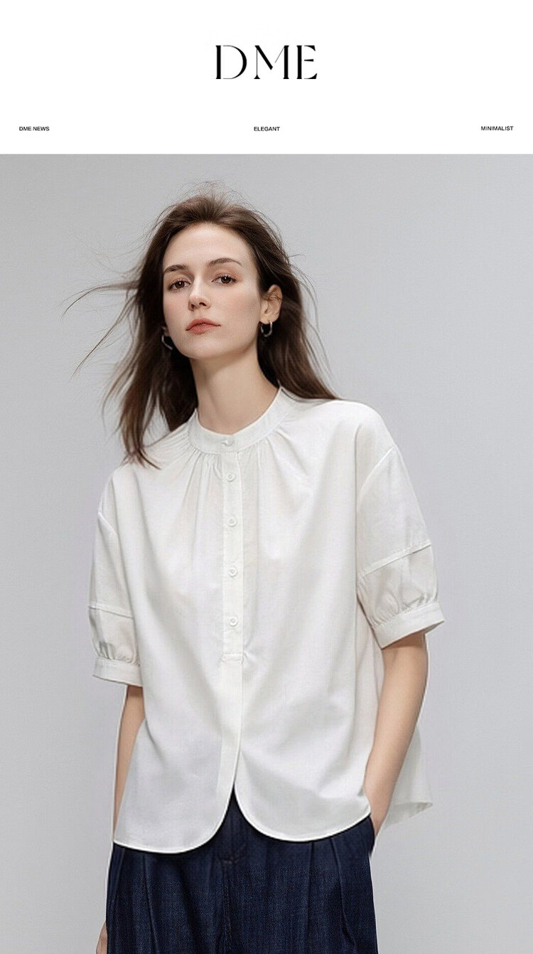 Demana [Oxygen Pure Cotton] Summer Simple Style Gathered Small Stand Collar Lantern Sleeve Curved Hem Loose Slim Women's Shirt 1