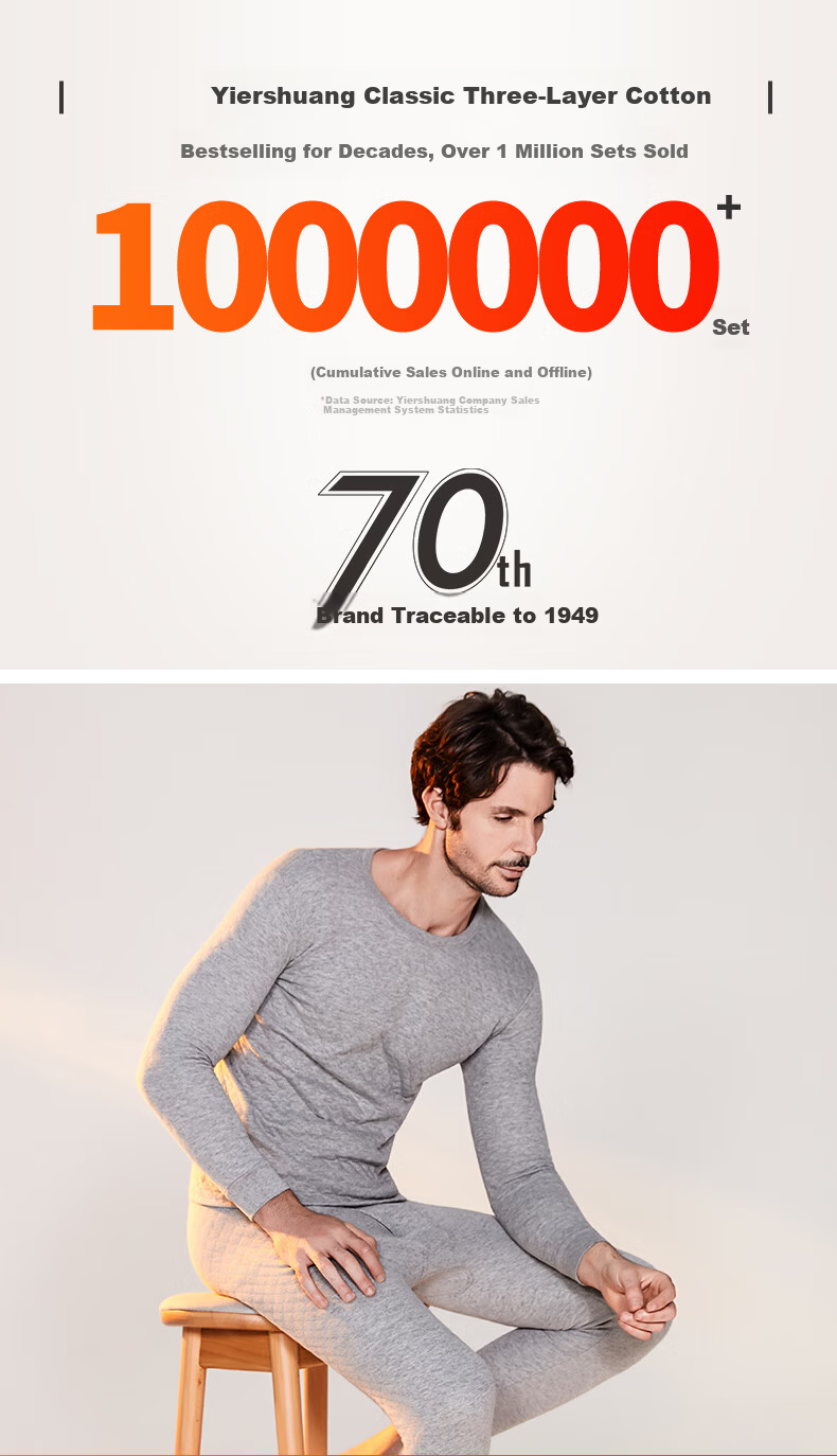 Yiershuang [Triple-Layered Thickened, 100% Pure Cotton] Men's Thermal Underwear Set, All-Cotton Round Neck Autumn Top And Pants 2