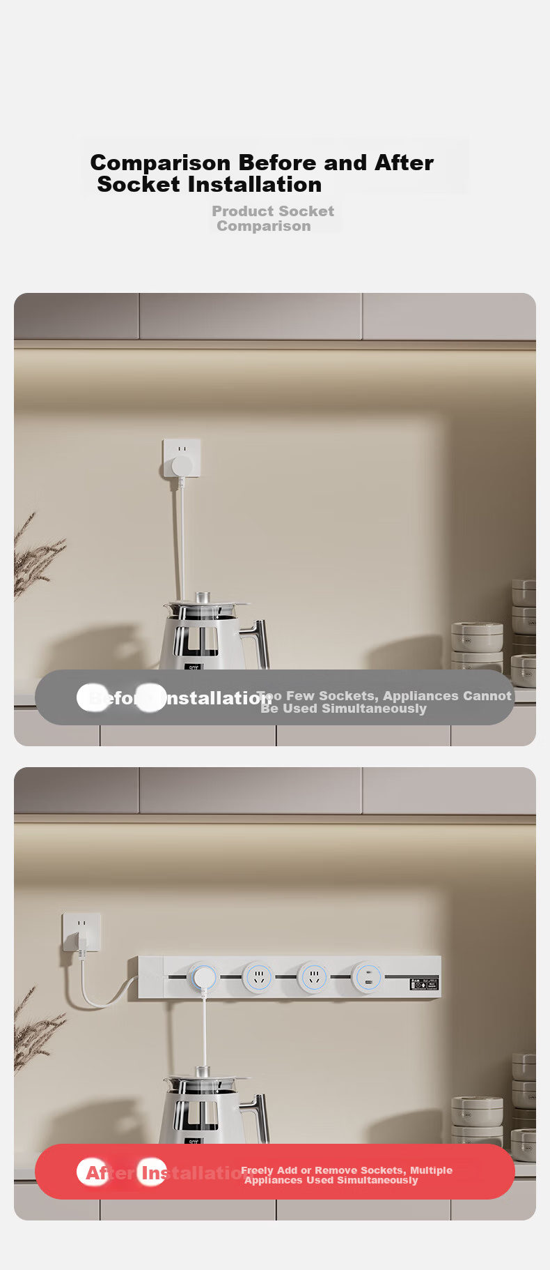 CHIGO Track Socket with Cable Kitchen Bedroom Surface Mounted Portable Power Track Extension Socket Board Wall-mounted Rail Socket 80cm Track + 4 Five-hole Outlets Black 7