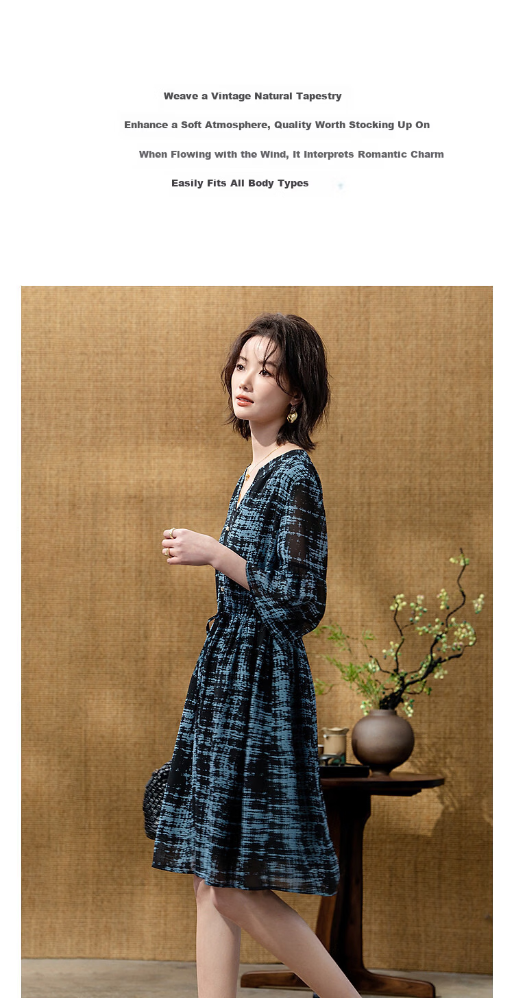 Demana Vintage Urban Spring Lightweight V-Neck Puff Sleeve Waist-Defined Slimming Chiffon Women's Dress 2