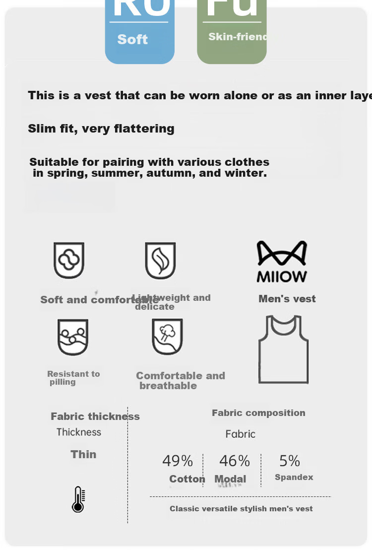 Miiow Men's Cotton Modal Vest Sleeveless Sweat-Absorbing Undershirt Outerwear Father's Day Gift 2