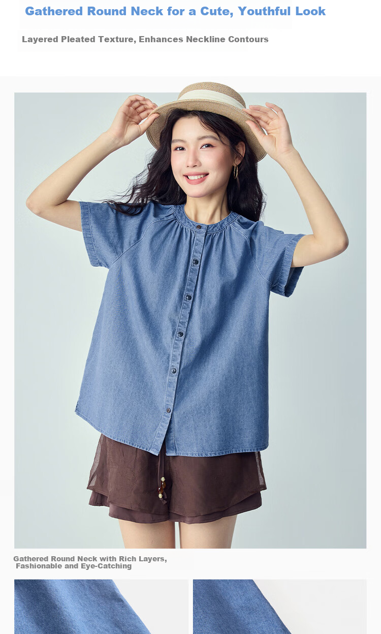 Giordano Summer New Lightweight Pure Cotton Loose Pleated Round Neck Raglan Short Sleeve Denim Shirt for Women 13346224 6