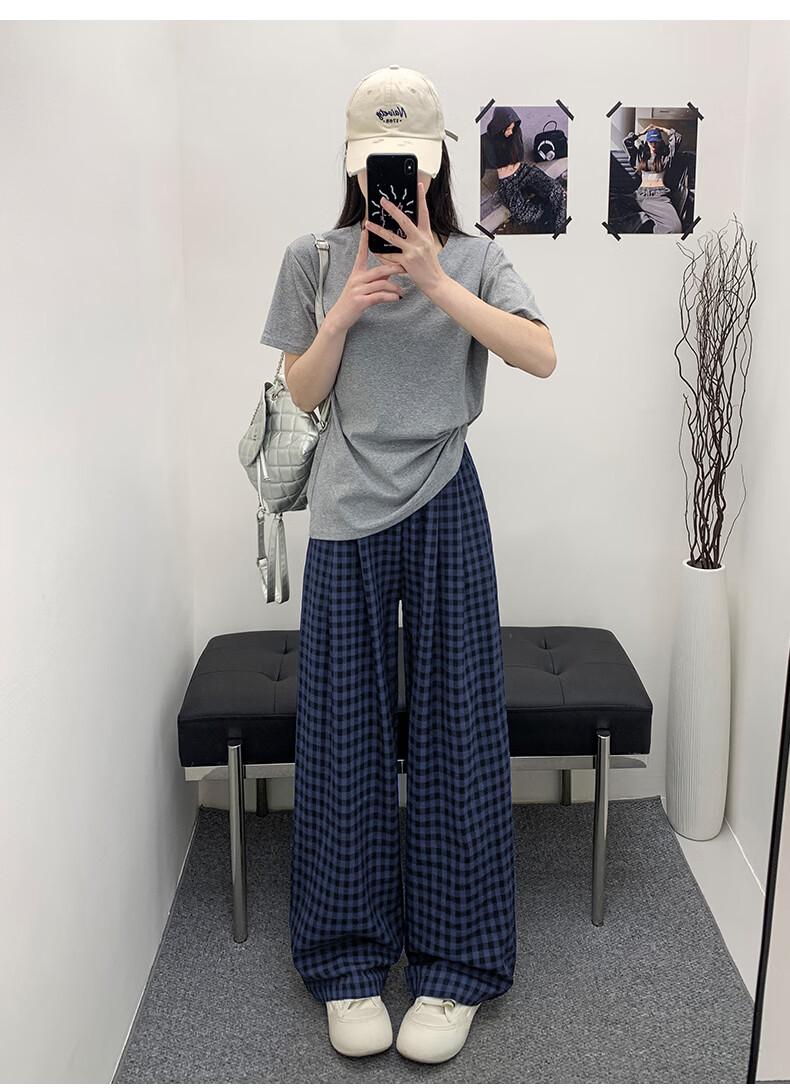 Borui Plaid Casual Pants for Women 2026 New Spring Summer Lightweight Loose Wide-Leg Pants Black XL 17