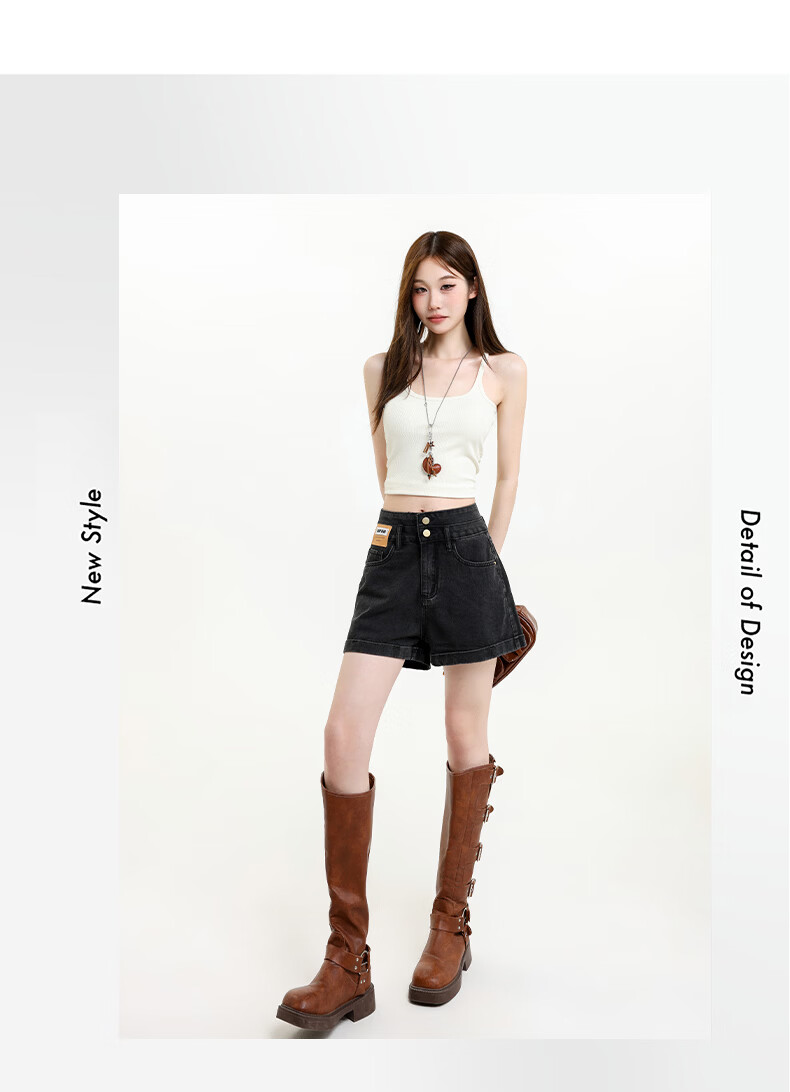 Jeanswest Women's Summer 2026 High-Waist Loose Slimming Wide-Leg A-Line Black Gray Denim Shorts S 3