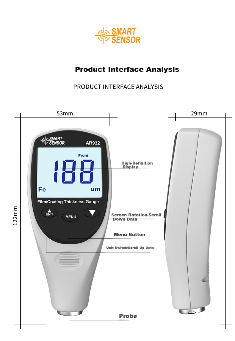 CEM AR932 Coating Thickness Gauge Paint Thickness Gauge Galvanized Layer Paint Surface Tester Automotive Paint Film Meter 12