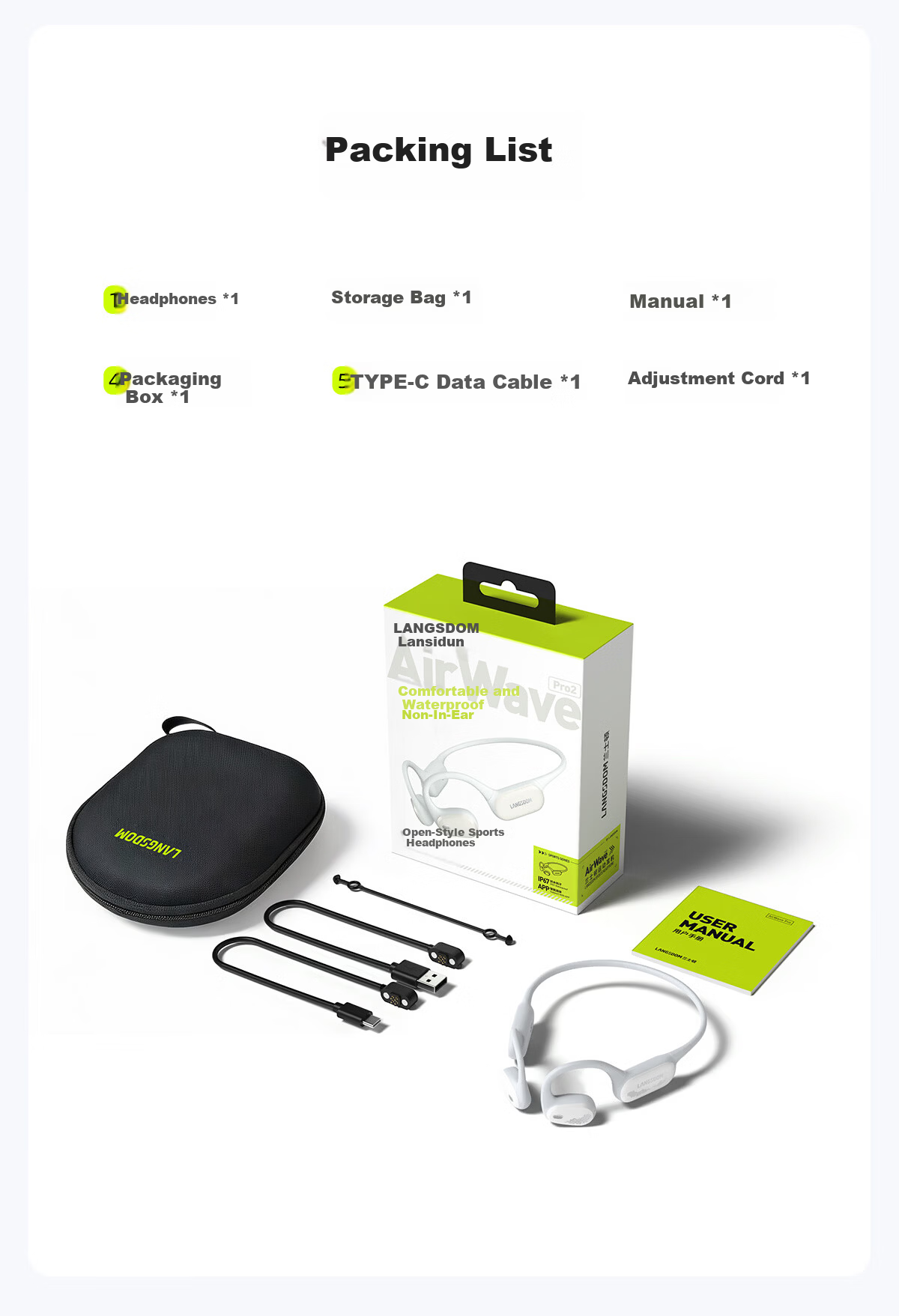 Langston AirWave Pro 2 Open-Ear Bone Conduction Bluetooth Headphones Waterproof Sweatproof Long Battery Life for Apple Huawei Iceberg White 15