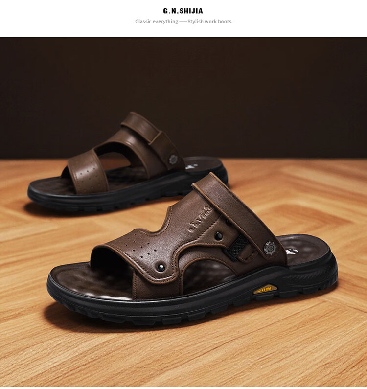Bull Family Men's Leather Sandals Summer New Thick Sole Durable Genuine Leather Beach Shoes Breathable Versatile Two-Way Slippers 20