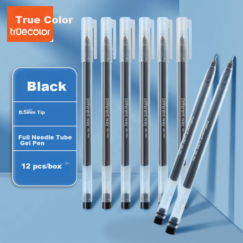 TRUECOLOR Direct Ink Neutral Pen Black 0.5mm Full Needle Tube Large Capacity Business Office Ballpoint Pen Student Stationery Brush Pen 12pcs/Box GP118