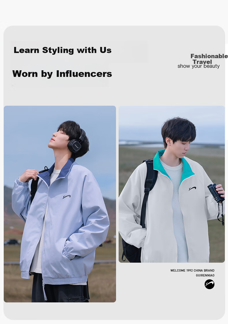 Guirenniao Men's Stand Collar Jacket New Spring Autumn American Baseball Collar Jacket Moonlight Blue S 4
