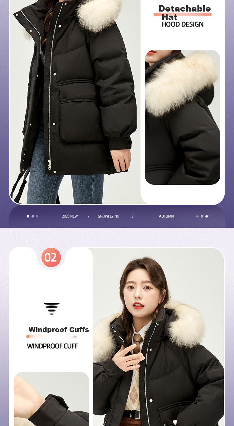SNOWFLYING Women's Mid-Length Hooded Down Jacket with Fashionable Large Fur Collar, Casual Versatile Thickened Warm Cold-Resistant Down Coat 5