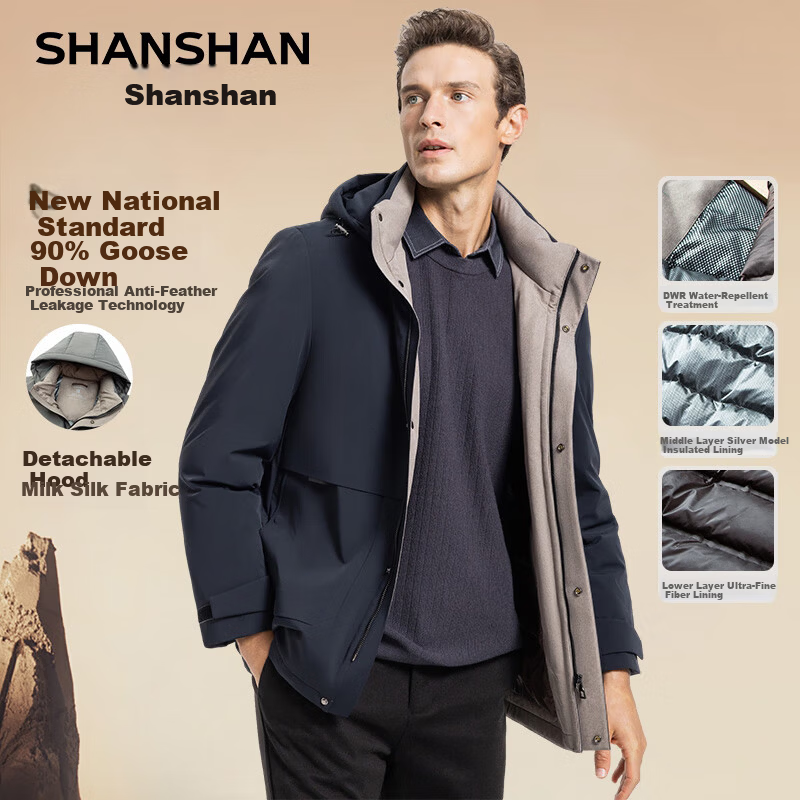 SHANSHAN Detachable Hood Goose Down Men's Warm Thick Casual Removable Liner Dad Jacket