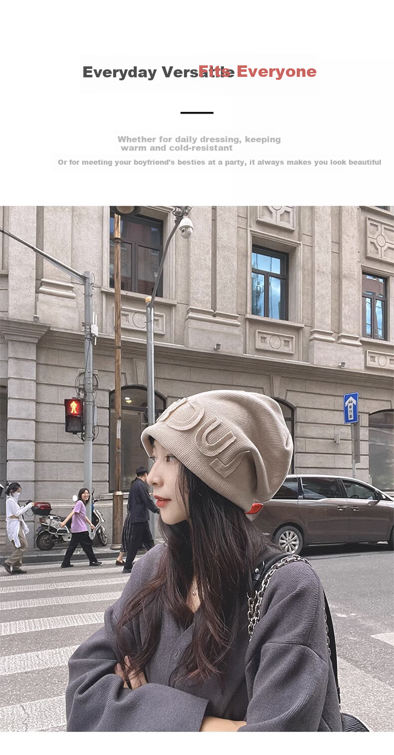 Xueqiman Women's Autumn Winter Japanese Style Thickened Warm Knitted Letter Beanie Fleece Lined Headwrap Hat 6