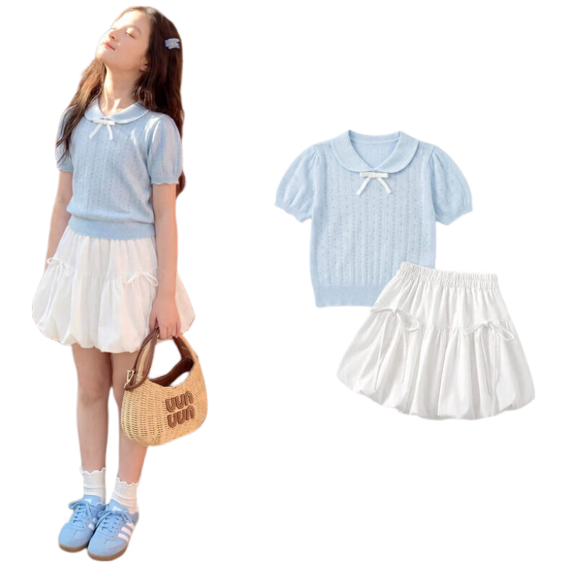 Moonkids Girls Summer Set 2026 New Korean Style Children's Summer Polo Shirt and Flower Bud Skirt Big Kids Summer Outfit