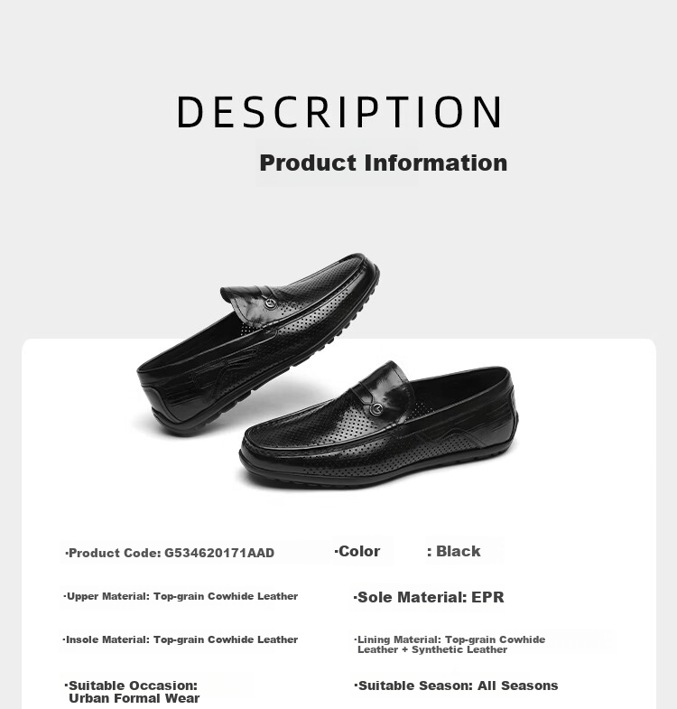 Goldlion Men's Shoes 26 Summer New Business Casual Perforated Breathable Lightweight Slip-On Leather Shoes G534620171AAD Black Size 41 7