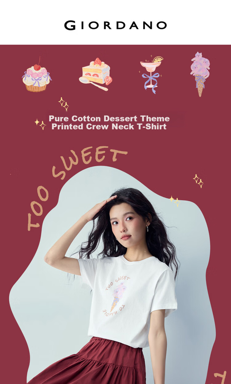 Giordano Women's Short Sleeve T-Shirt Summer New Pure Cotton Dessert Theme Print Crew Neck Casual Top 05396387 3