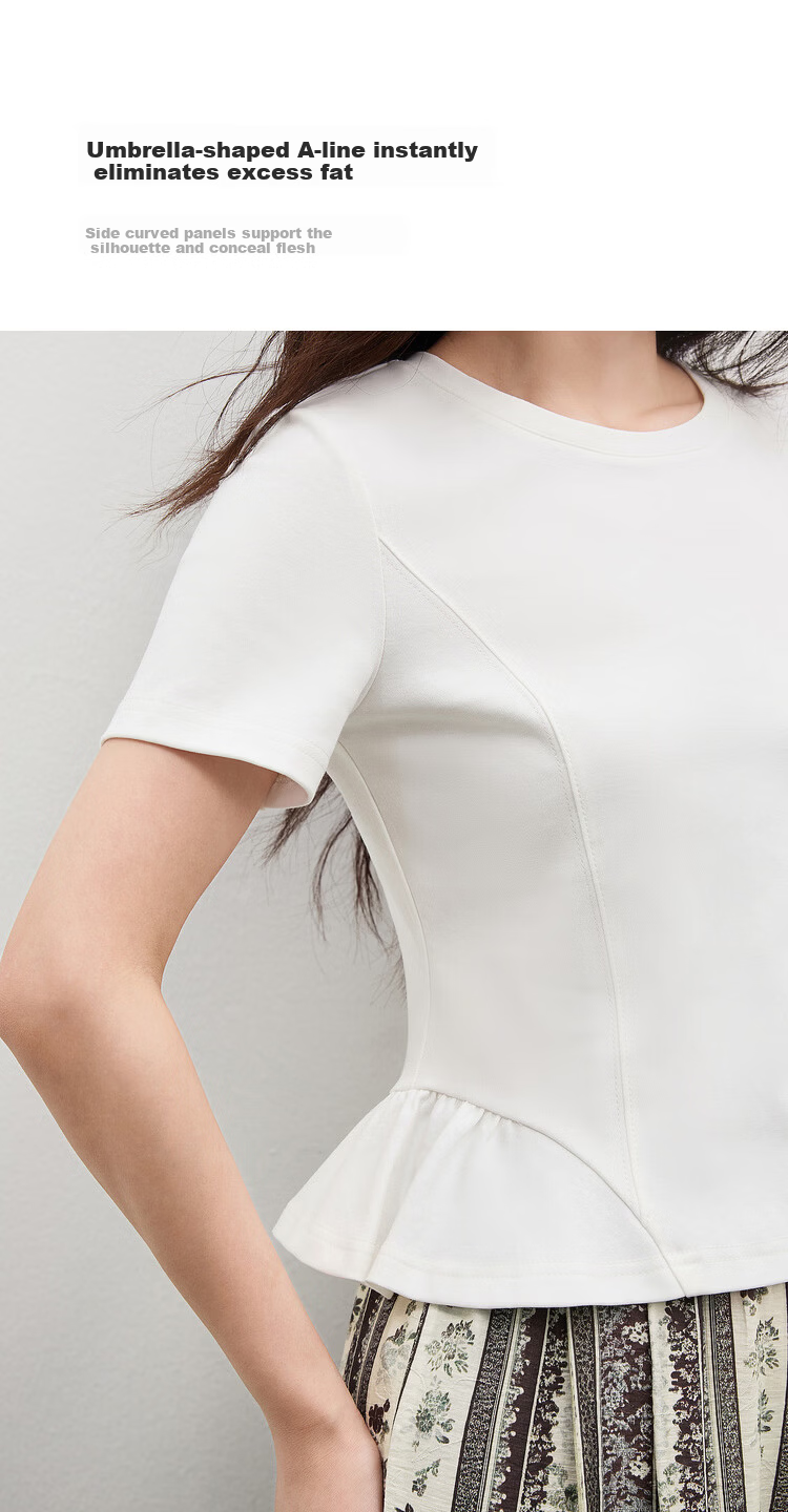 Shangdu Bila Gentle Pure Cotton Short Sleeve T-Shirt Women Spring Summer Simple Round Neck Split Design Slim Fit Top Youthful Temperament Layering 6