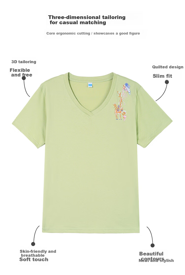 TUCANO Women's Short Sleeve T-Shirt Cotton Embroidered V-Neck Slim Fit Casual Plus Size Summer Top Green L 6