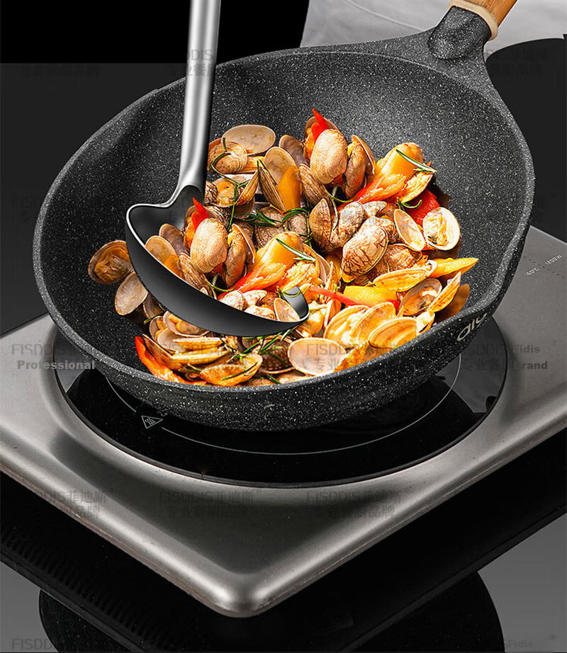 FISDDIS Extra Thick Stainless Steel Stir Fry Ladle 6 Liang Wooden Handle Commercial Cooking Spoon Long Handle Chef Ladle Water Scoop 5